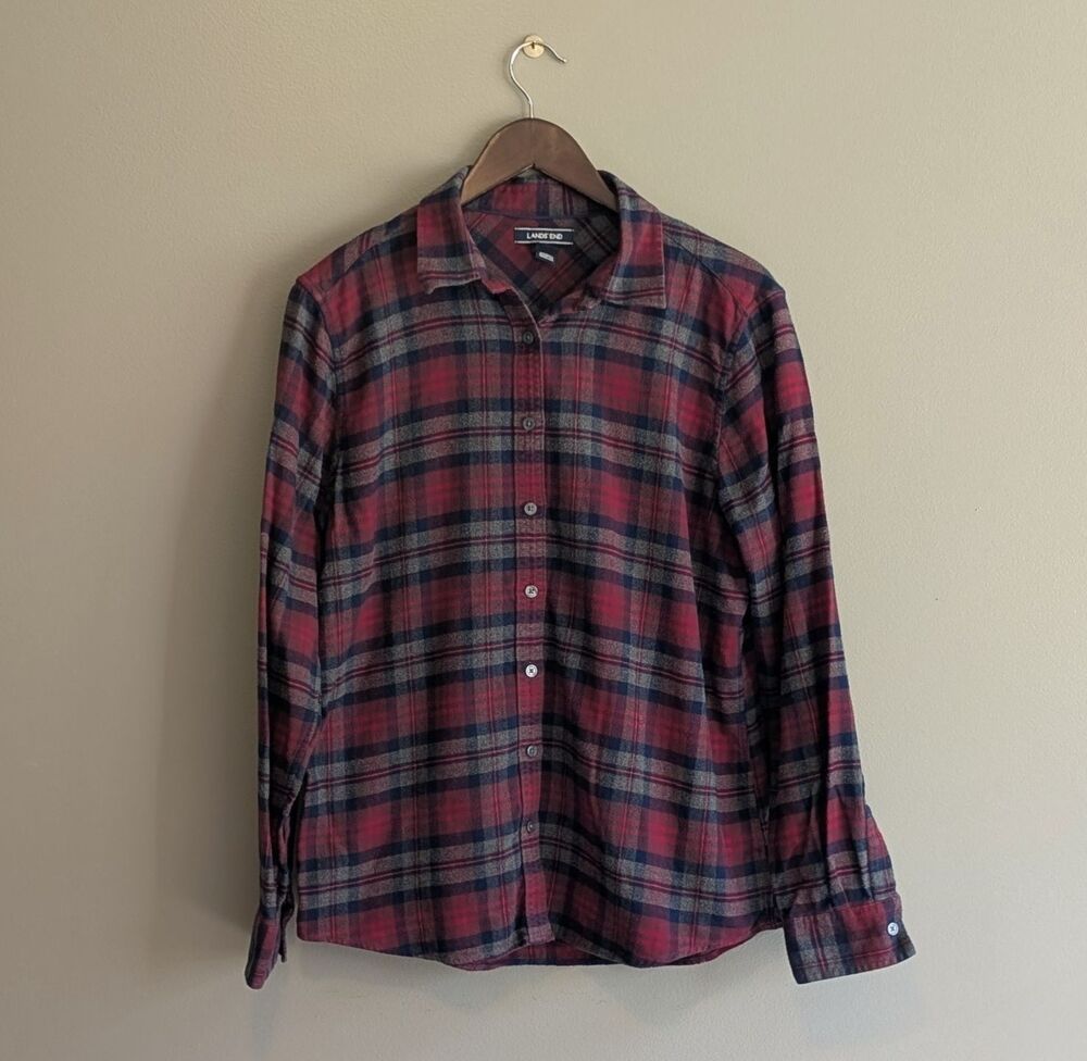 Lands' End Womens 14 Flannel Shirt Red Blue Plaid Button Front LS Casual Warm